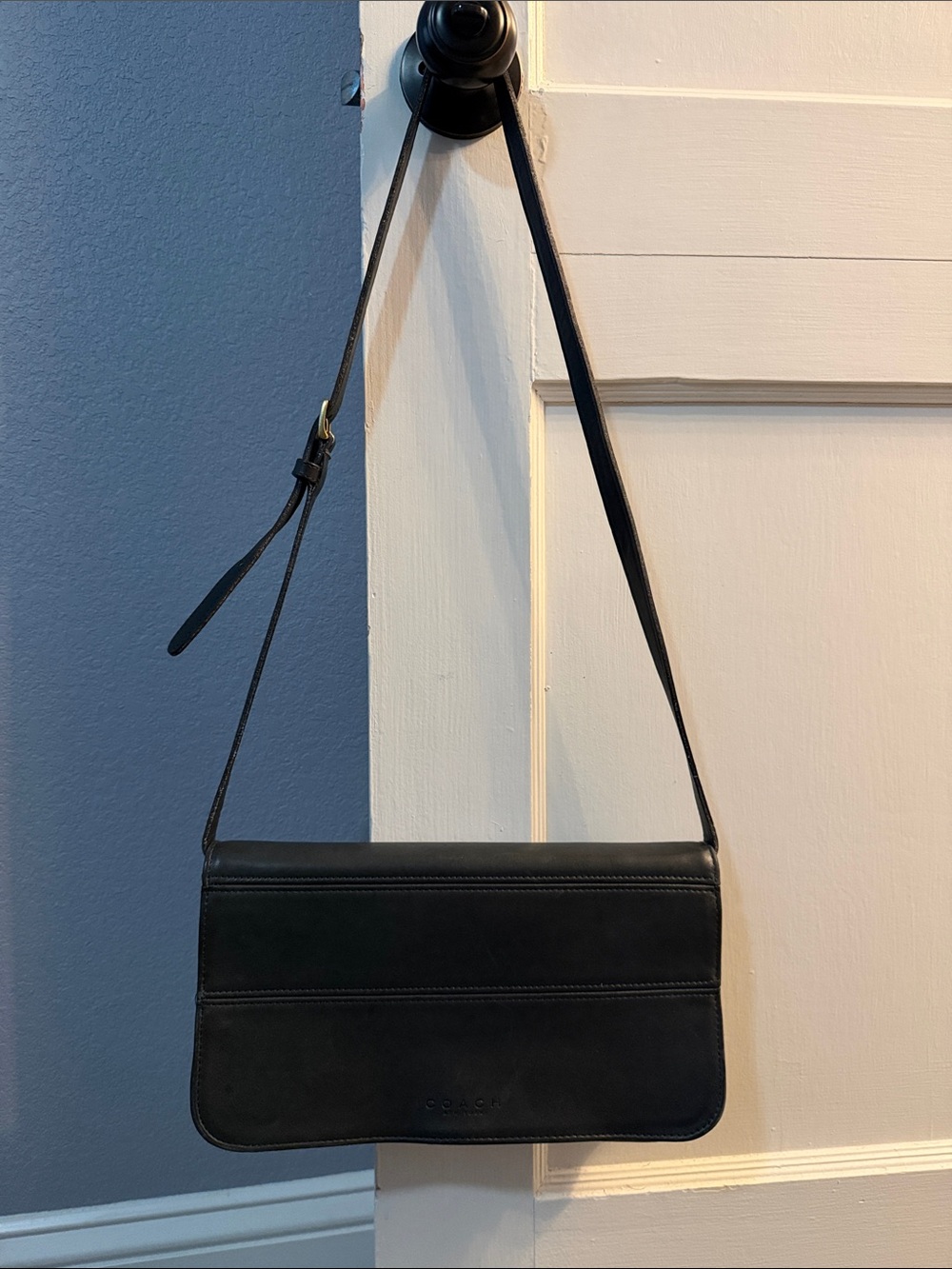 Vintage Coach Black Leather Crossbody with Embossed Logo